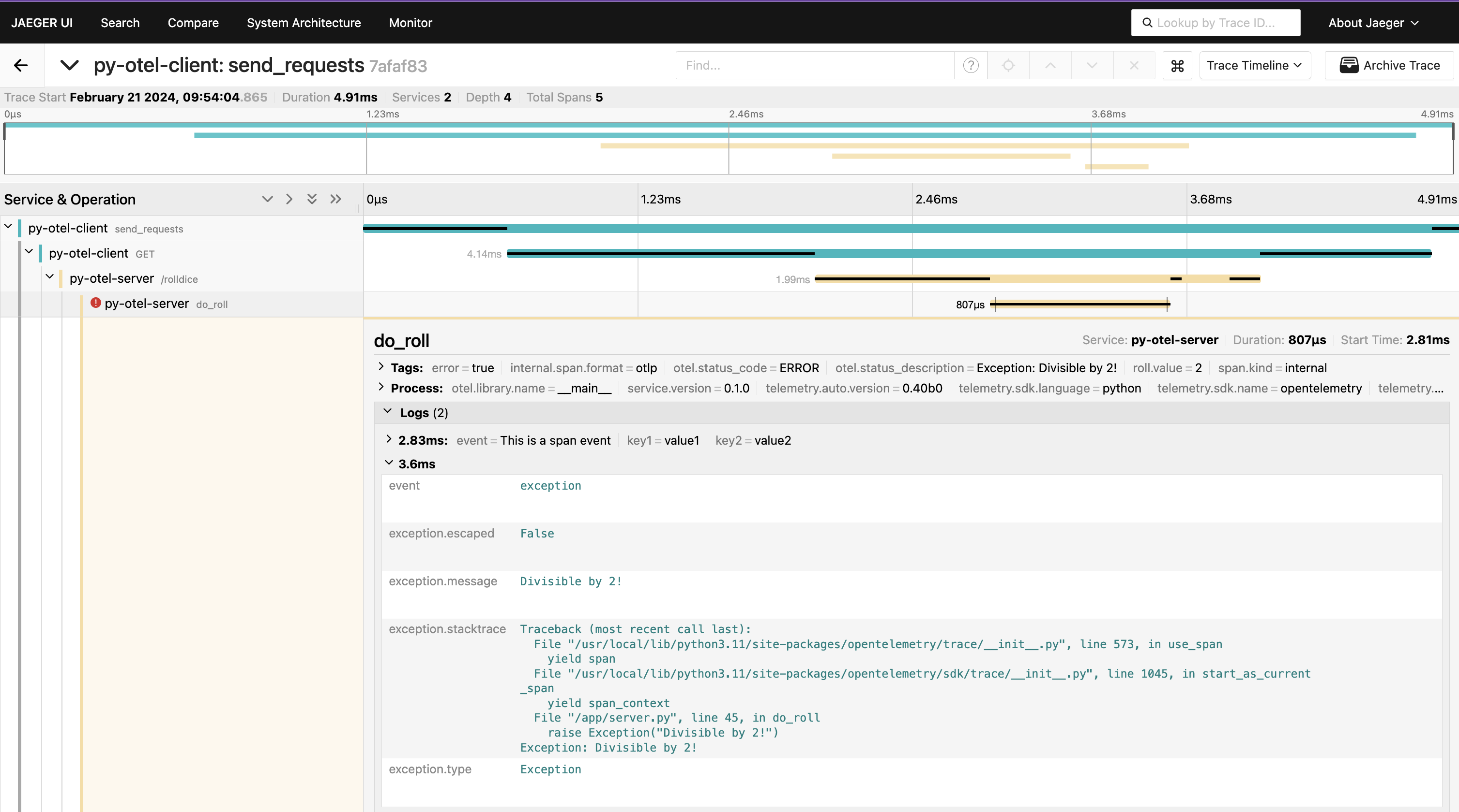 Attributes and other metadata for an error span in Jaeger